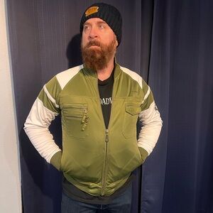 Y2K Olive and White Caffeine Bomber Jacket